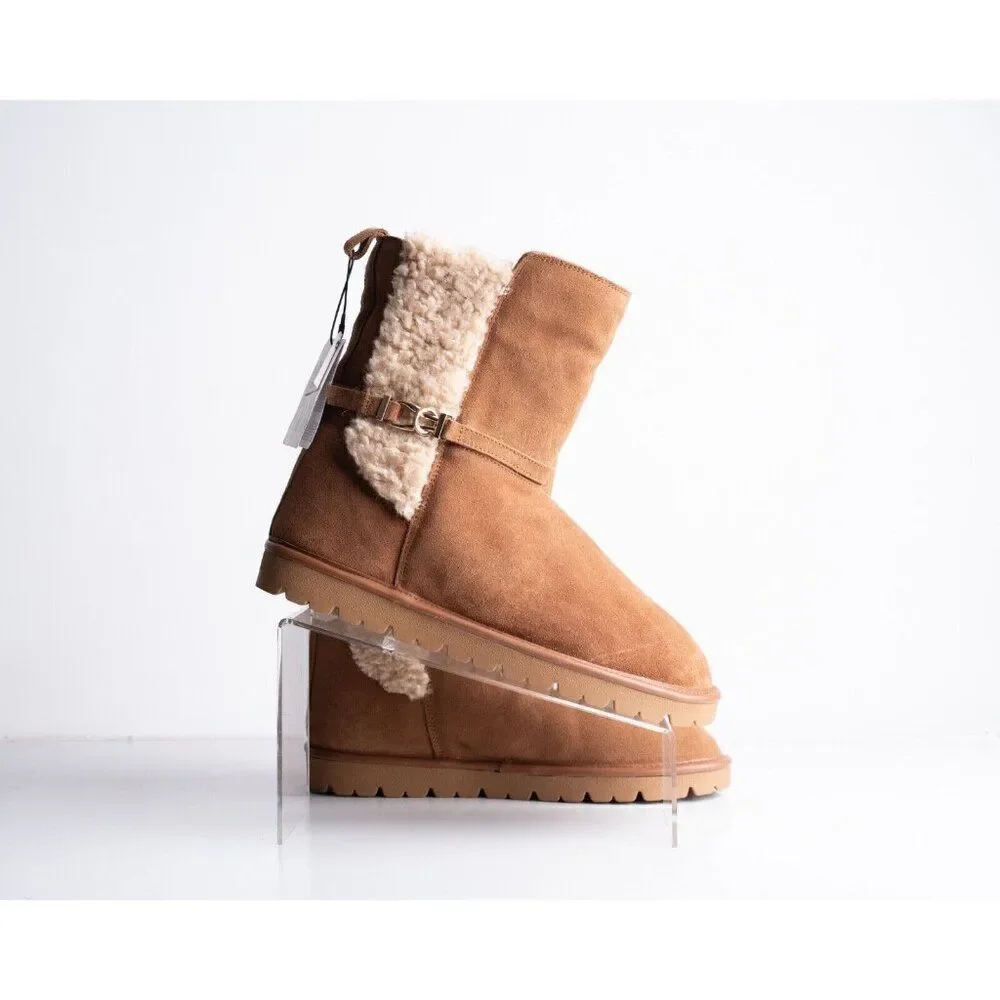 Zara Womens Suede Ankle Boots Flats Sherpa Lined Brown US 9 EU 40 2171/210 NWT